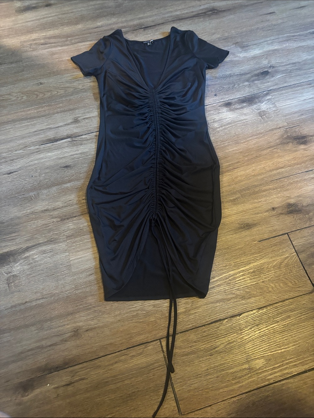 Ruched Front Short Sleeve Black Dress